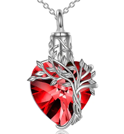 Tree of Life Heart Urn Necklace with Gemstone Pendant