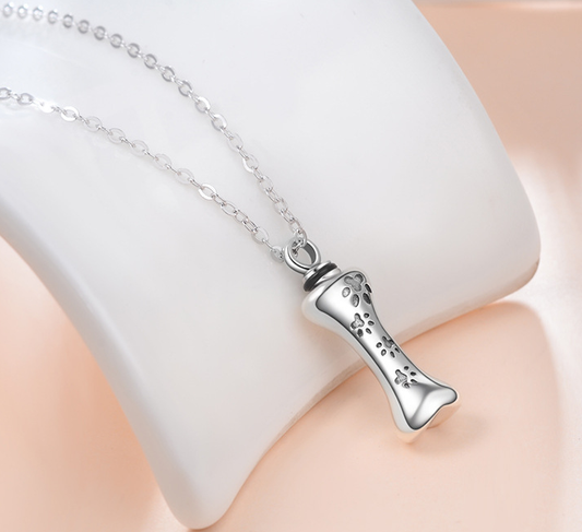Memorial Dog Bone Necklace with Paw Print Pendant