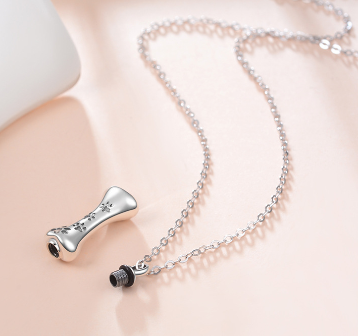 Memorial Dog Bone Necklace with Paw Print Pendant